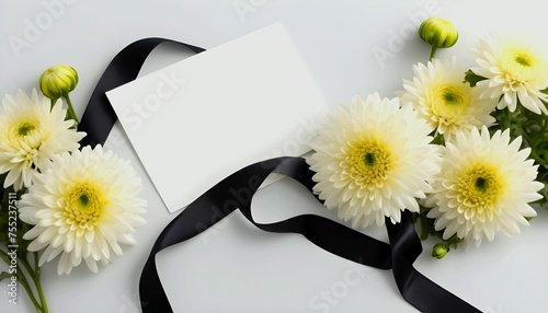 beautiful chrysanthemum flowers and black ribbon on white background, condolence card with copy space for text created with generative ai