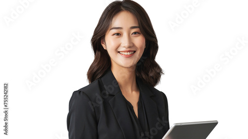 Portrait of a smiling young Japanese woman holding a tab for working, isolated on transparent background
