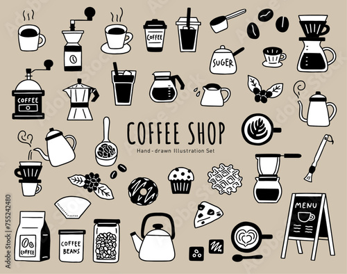カフェ・コーヒーショップの道具や小物の手書きベクターイラストセット／コーヒーカップ・豆など／線画／モノクロ