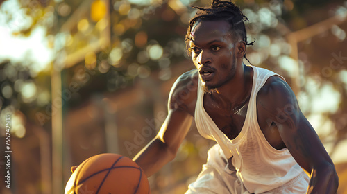  A basketball player dribbles the ball with precision, his eyes fixed on the hoop as he prepares to make a decisive move