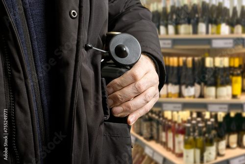 theft incident as a shoplifter attempts to steal a bottle of alcohol equipped with a Magnetic RF Bottle Tag security device, shoplifting anti-theft protection in-store operations.
