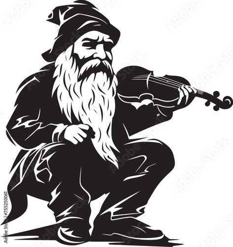 Magical Minstrel Gnome Playing Violin Icon Fantasy Fiddler Vector Logo of Gnome with Violin
