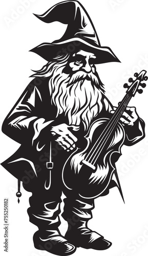 Pixie Play Vector Logo Design with Gnome and Violin Magical Minstrel Gnome Playing Violin Icon