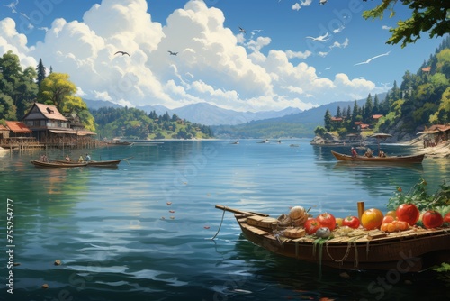 A charming lakeside village with colorful boats on the shore, surrounded by lush greenery, majestic mountains, and a clear blue sky, exuding a peaceful and serene ambiance.