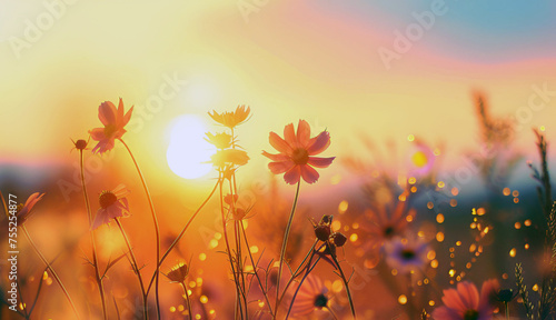 Wildflowers and herbs on the background with sun flare and setting sun. Summer spring autumn botanical illustration for banners, posters, brochures