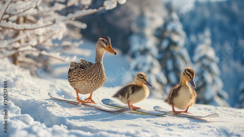 Lovely mother duck and two cute ducklings on ski vacation, female and young having fun skiing, playing in the snow, cackling quack quack in a beautiful wild scenery, white mountain landscape fun image