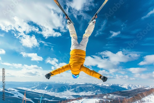 Skier jumping in the sky on the snow slopes in the mountain, impressive acrobatic ski jump, upside down, amazing winter activity on winter sports resort, I believe I can fly, athlete defying gravity