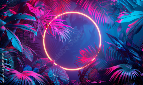 Neon round frame with tropical leaves
