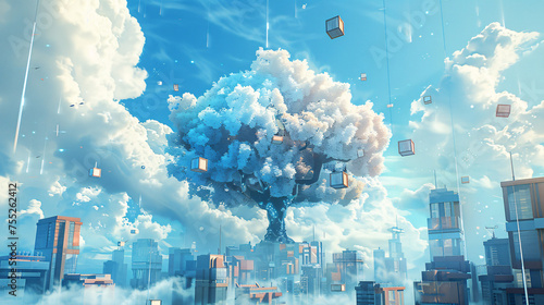 3d cloud concept model tree big data city background 
