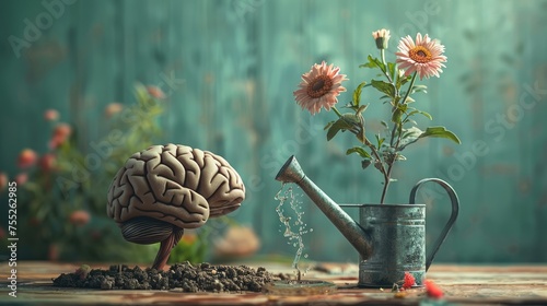 human brain growing from a flower watering can is pouring water on the mind mental health concept positive attitude creative thinking generative ai 