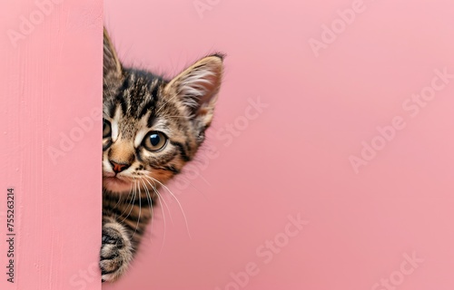 Adorable kitten peeking out from left side of behind pink background isolated on pink, cute cat, banner template and big copy space, mockup. 