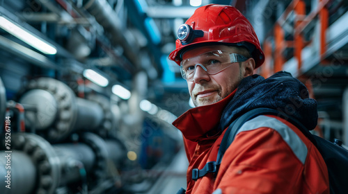 A confident industrial worker wearing a red hard hat and protective glasses oversees operations in a large manufacturing plant.