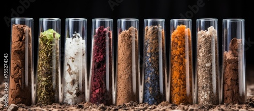 A row of test tubes filled with various types of soil, displayed as tableware art. The glass cylinders hold soil samples, creating a unique and aesthetic display of nature and science