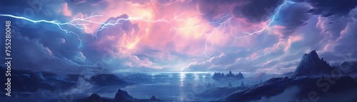 Digital artwork of a dramatic seascape with lightning and pink sky