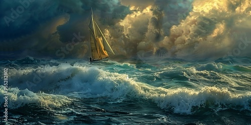 sailboat stormy ocean sky stray realms clouded torrent hydrogen ray golden sunlight fear steams instinct fails ship