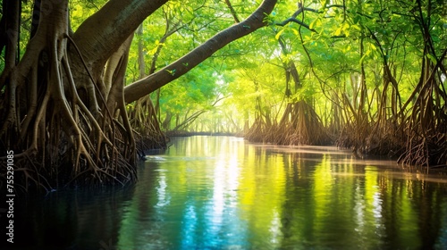 マングローブの森、水と緑の自然風景