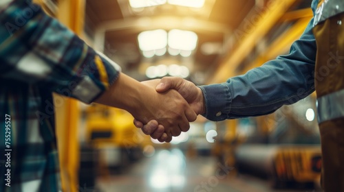 Two people engage in a firm handshake in a warehouse or industrial environment.