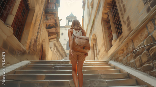 Female casual solo traveller roam alone woman summer casual dress summertime tour walking at famous destination landmark In Europe architecture and heritage city scape vacation travel,