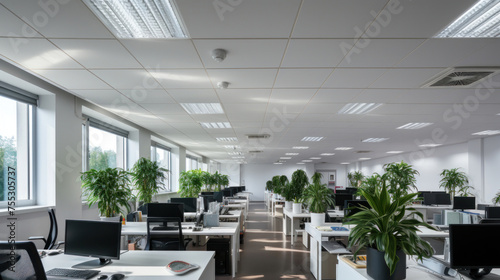 Interior modern building of Office ceiling in perspective with white texture of acoustic gypsum plasterboard, lighting fixtures or fluorescent panel light suspended on square grid structure.