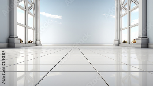 White tile floor background in perspective view, For decoration in bathroom, kitchen and laundry room.