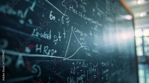 A closeup of a blackboard covered in complex mathematical equations and formulas with faint chalk markings from previous lectures still visible.
