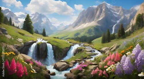 A majestic waterfall cascading down a lush green mountainside,A dynamic and powerful waterfall, with rushing water creating a misty sp surrounded by blooming wildflowers and the fresh scent of spring.