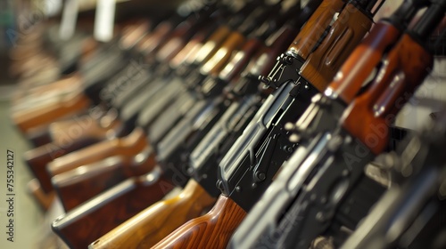 A row of AK-47 Kalashnikov assault rifles.