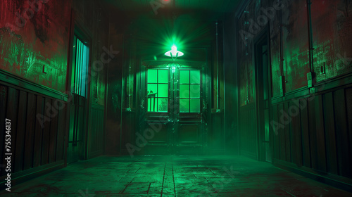 scary huanted house in theme park, ghost house ,green tone 