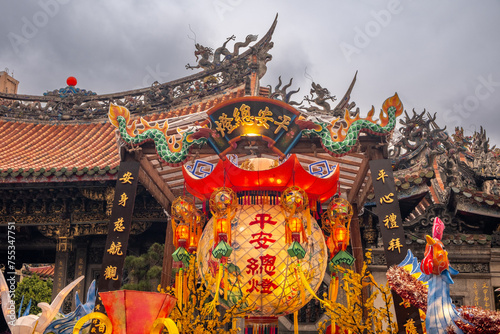 Colorful decorations outside the landmark Longshan Buddhist Temple in Taipei