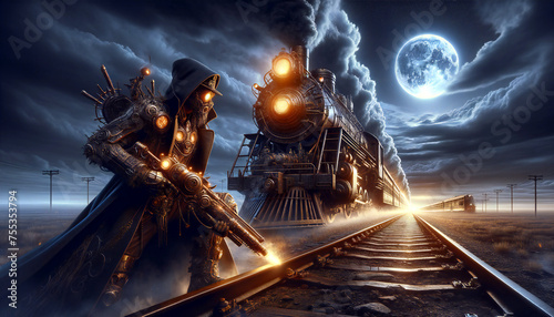 Illustration representing person and a steam locomotive in surreal steampunk landscape with moonlit night.