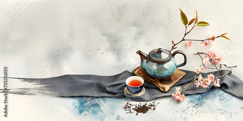  Hot chinese tea in teapot with spring flowers. Concept of culture and traditions. Banner, copy space