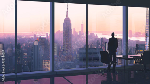 View from office window on big city. Workspace illustration.