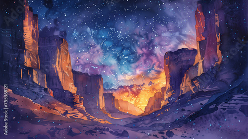A watercolor painting of a surreal piece featuring a canyon bathed in the twilight hues of a cosmic sunset, with a sky full of stars hinting at the vastness of the universe.