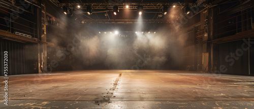 Atmospheric Empty Theater Stage with Dramatic Lighting and Fog