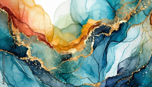 Marble ink abstract art background. Luxury abstract fluid art painting in alcohol ink technique, mixture of blue, orange and gold paints