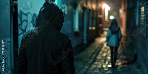 Back of man in hood following woman in dark narrow street at night late evening. Concept for crime, stalking and sexual assault