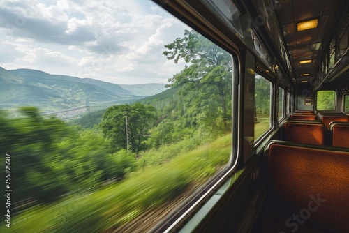 A view from the window of a rushing intercity train on green fields and mountains flying by. Traveling in an old deserted train carriage on a summer day.