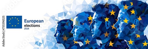 Election in Europe. Silhouettes of people on the background of the flag of the European Union.