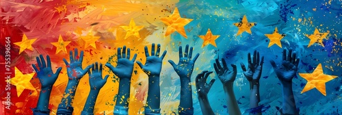 Flag of the European Union with raised hands against paint splashed background. Banner in blue for the European elections in the European Union.