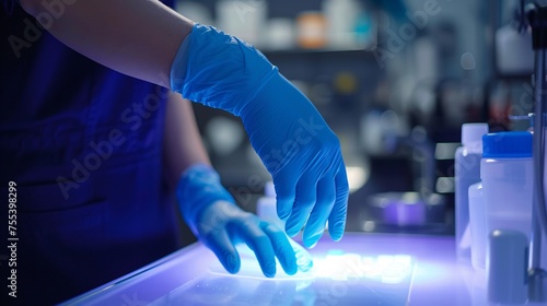 Physician conducting skin sensitivity examination under bright table lighting in close-up view.