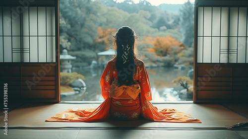 Woman in Traditional Japanese Kimono Overlooking Garden