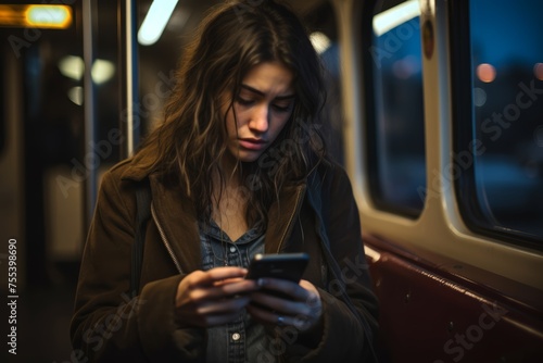 A young woman, age 25, Caucasian, sitting on a bus, her eyes welling up with tears as she receives heartbreaking news on her phone.