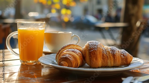 Traditional French morning meal at a bistro patio with chocolate croissants, toast, and fresh-squeezed citrus beverage.
