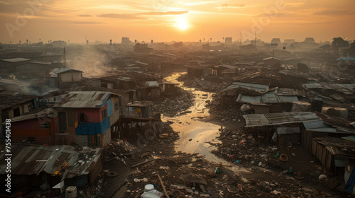Sunrise over a slum, illuminating the harsh reality of life in underdeveloped urban areas