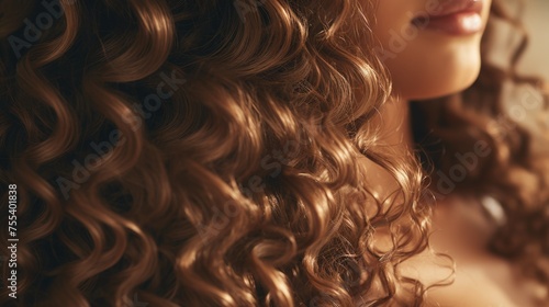 Close up of a woman with long curly hair, perfect for beauty and fashion concepts