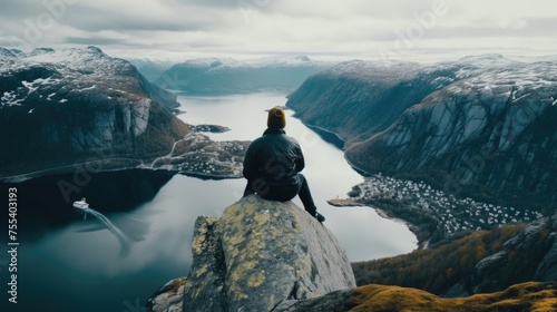 A person sitting on a rock overlooking a body of water. Ideal for travel and relaxation concepts
