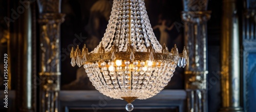 A large crystal chandelier elegantly hangs from the ceiling, illuminating the room with its sparkling beauty and adding a touch of luxury to the space.
