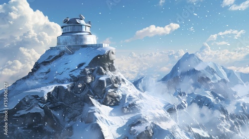 Ancient Observatory on a Mountain Peak Background - An ancient observatory perched on a snowy mountain peak created with Generative AI Technology