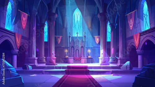 Throne room, medieval palace for royal family. Flags, guards with swords and stone statues. Fantasy, fairytale, pc game Cartoon illustration.
