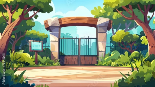 Symbolic zoo entrance with wooden board on stone arch and cashier booth. Animated landscape with metal fence, entry gates, signboards and green vegetation.